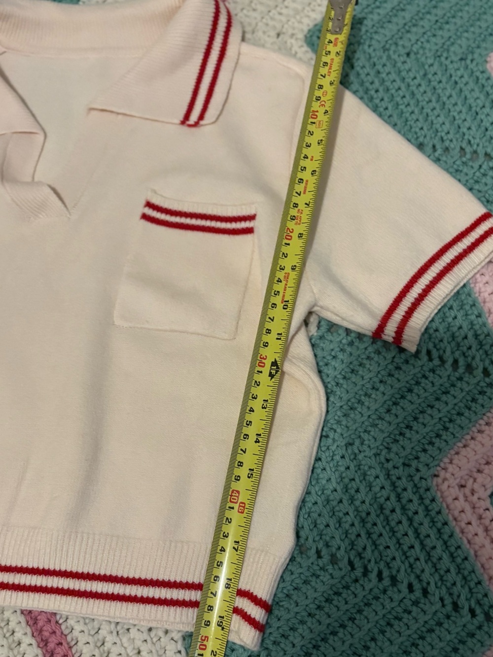 Women’s Short Sleeve Collared Polo Sweater with Red Stripe Detail - Picture 4 of 6